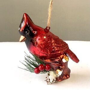 Cardinal Bird Glass Christmas Ornament 5” Pine Branch Berries Jute Hanger
